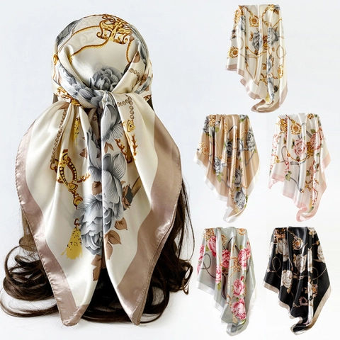 Dames Elegante Satijnen Vierkante Sjaal Vintage Roos Bloem Ketting Print Hoofddoek Mode Zijdegevoel Grote Haar Bandana