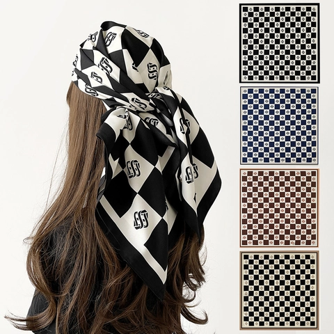 Checkerboard Pattern Satin Square Scarf Twill Bandana Retro Letter Print Hair Wrap Headscarf For Women Travel Sun Protection