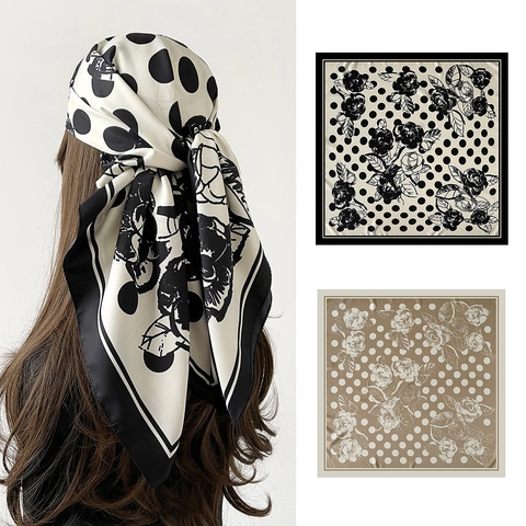 Vintage Polka Dot Floral Square Scarf Satin Polyester 90cm Sun Protection Bandana For Women Elegant Retro Silk Feel Headscarf