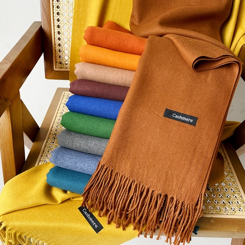 Elegant Solid Color Cashmere Like Scarf For Women Men Thin Warm Winter Shawl Wrap With Tassels Plain Weave Pashmina