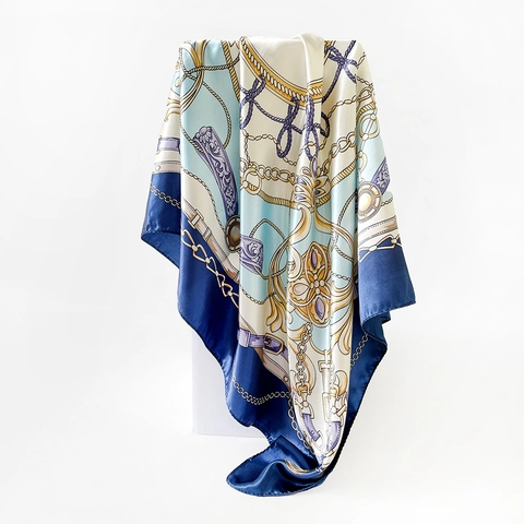 Dames 90cm Satijn Vierkante Sjaal Vintage Ketting Riemgesp Print Zijdeachtige Hoofddoek Elegant Mode Accessoire