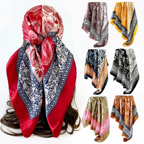 Vintage Paisley Print Satin Square Scarf 90cm Silk-Like Bohemian Headscarf Shawl Bandana For Women Travel Daily Accessories