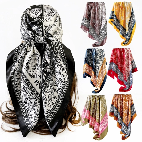 Women Paisley Print Satin Square Scarf Vintage Headwrap Silky Polyester Large Bandana Headscarf Shawl For Beach Travel Accessory