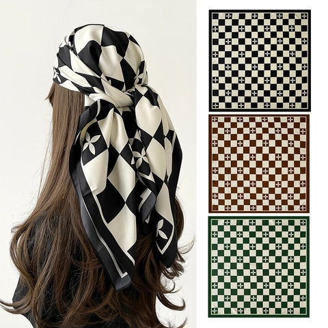 Schaakbord Klaver Patroon Keper Satijn Vierkante Sjaal Elegante Haar Hals Sjaal Voor Vrouwen Kantoor Mode Accessoire