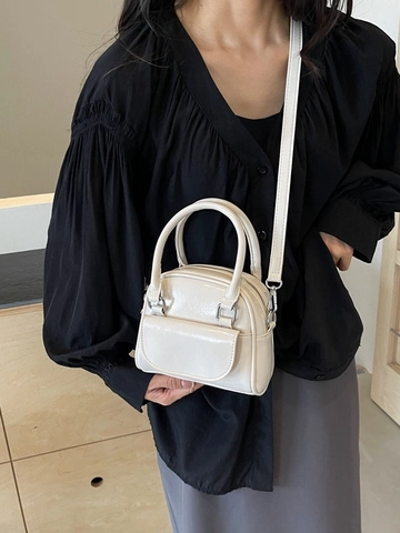 Women's Mini Boston Handbag Shiny PU Leather Shoulder Bag With Front Flap Pocket Detachable Strap Solid Color Crossbody Purse