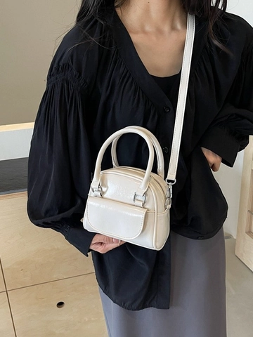Women's Mini Boston Handbag Shiny PU Leather Shoulder Bag With Front Flap Pocket Detachable Strap Solid Color Crossbody Purse