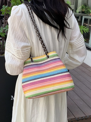 Damen Regenbogen Gestreifte Stroh Geflochtene Schultertasche Große Kapazität Sommer Strand Urlaub Eimertasche Mit Kette Lederriemen