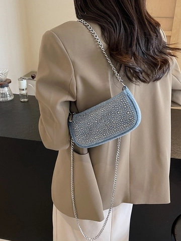 Sac à Épaule de Luxe en Denim avec Strass pour Femmes Sac Sous les Aisselles Y2K avec Chaîne en Métal Sac à Main de Soirée
