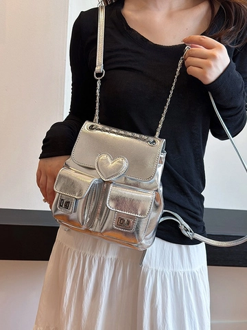 Zaino Mini alla Moda per Donna a Forma di Cuore in Pelle PU Piccola Borsa da Scuola Catena in Metallo Doppia Tasca