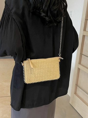 Women's Summer Woven Straw Mobile Phone Shoulder Bag Vintage Handwoven Small Square Crossbody Bag With Bead Trim And Chain