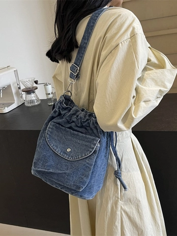 Bolso de Cubo de Mezclilla Lavado Retro para Mujer Bolso de Hombro Informal con Cordón Bolsillo con Solapa Gran Capacidad Bolso de Viaje