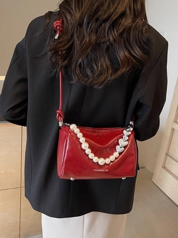 Borsa a Mano da Donna alla Moda con Künstliche Perle in Pelle PU Catena a Cuore Borsa a Spalla Y2K Metallico Borsa a Tracolla per Feste Uso Quotidiano