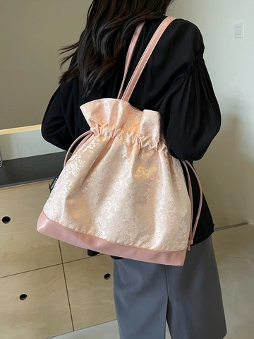 Florale Jacquard Kordelzug Tote Tasche Satin Kunstleder Große Kapazität Vintage Lässig Schultertasche Für Damen Reisen Pendeln