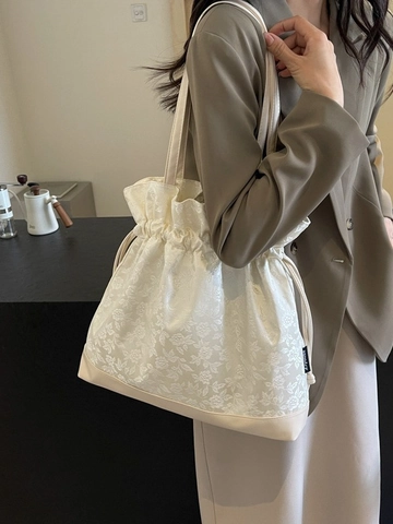Florale Jacquard Kordelzug Tote Tasche Satin Kunstleder Große Kapazität Vintage Lässig Schultertasche Für Damen Reisen Pendeln