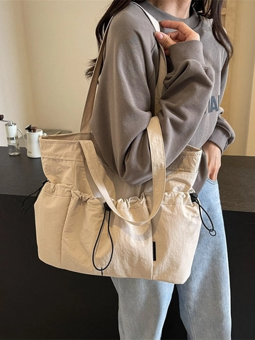 Women's Large Capacity Pleated Tote Bag Fashion Multi Pocket Drawstring Shoulder Bag Casual Commute School Handbag