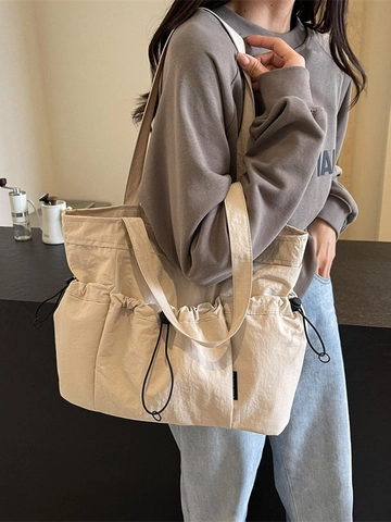 Women's Large Capacity Pleated Tote Bag Fashion Multi Pocket Drawstring Shoulder Bag Casual Commute School Handbag