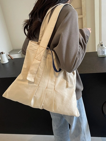 Retro Große Kapazität Leinwand Tote Bag Für Damen Modische Kontrastnähte Umhängetasche Mit Denim-Griff Plissee Handtasche Reise