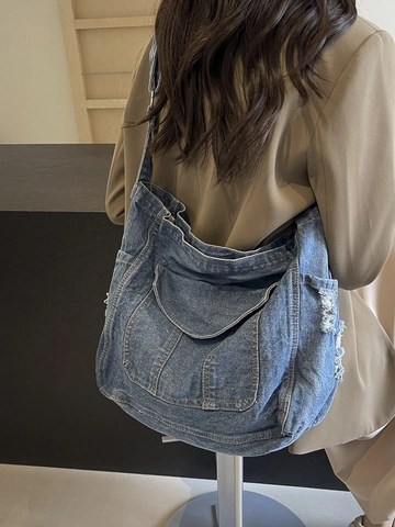 Women's Large Capacity Denim Shoulder Bag Washed Retro Hobo Crossbody Bag With Frayed Edges And Adjustable Strap Casual