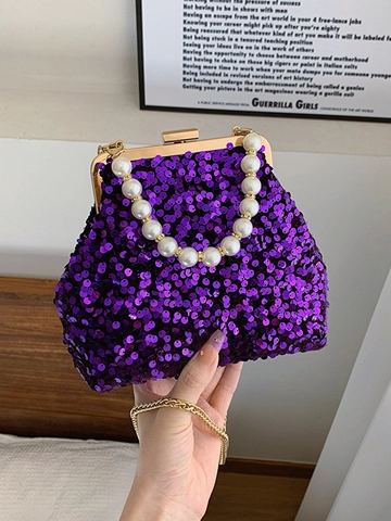 Borsa a Tracolla a Conchiglia con Paillettes da Donna Moda Manico di Perla Artificial Catena Borsa Crossbody Lusso Borsa da Sera Banchetto Festa Elegante Borsa a Mano