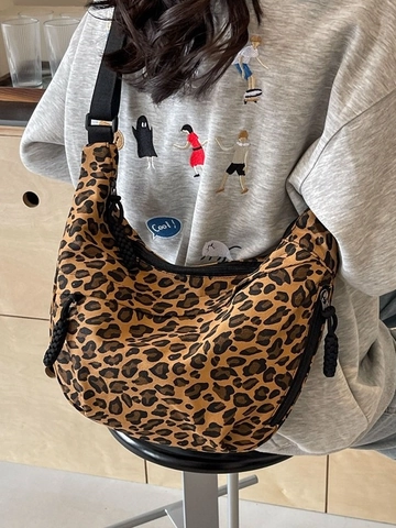 Damen Leopardenmuster Segeltuch Halbmond Schultertasche Casual Street Style Umhängetasche Hobo Bag Mit Verstellbarem Breitem Gurt