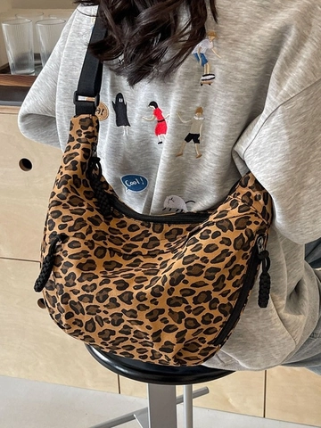 Damen Leopardenmuster Segeltuch Halbmond Schultertasche Casual Street Style Umhängetasche Hobo Bag Mit Verstellbarem Breitem Gurt