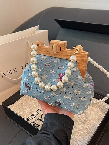 Vintage Denim Butterfly Sequin Shell Bag Women Beaded Handbag With Wood Frame Artificial Pearl Chain Shoulder Crossbody Bag