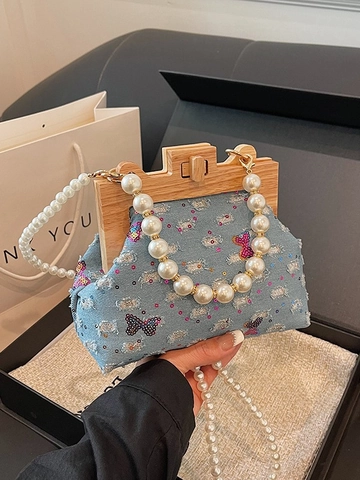 Vintage Denim Butterfly Sequin Shell Bag Women Beaded Handbag With Wood Frame Artificial Pearl Chain Shoulder Crossbody Bag