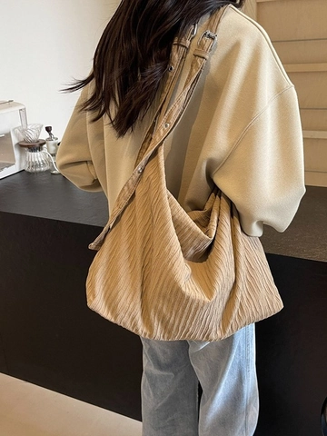 Grand Sac à Bandoulière Plissé pour Femmes Style Japonais Minimaliste Hobo Tote Tissu de Toile Bandoulière Réglable Sac à Main de Trajet
