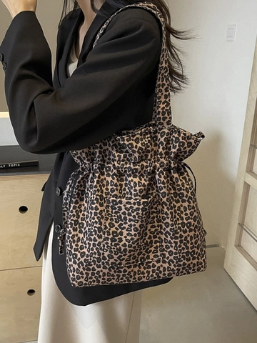 Damen Mode Leopardenmuster Segeltuch Umhängetasche Große Kapazität Kordelzug Eimer Tragetasche Retro Casual Alltag Reise Handtasche