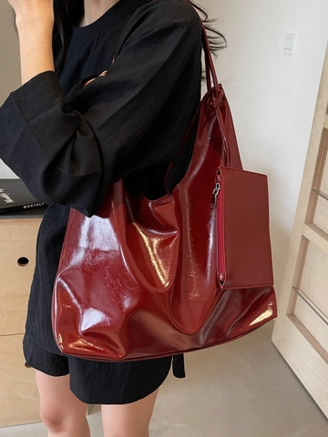Ensemble de Sacs Fourre-Tout en Cuir PU Brillant pour Femmes Grande Capacité Sac à Épaule Style Coréen Avec Sous-Sac Assorti