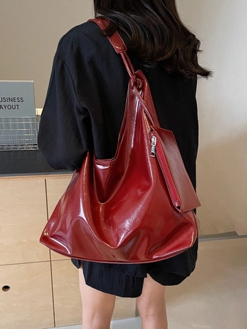 Ensemble de Sacs Fourre-Tout en Cuir PU Brillant pour Femmes Grande Capacité Sac à Épaule Style Coréen Avec Sous-Sac Assorti