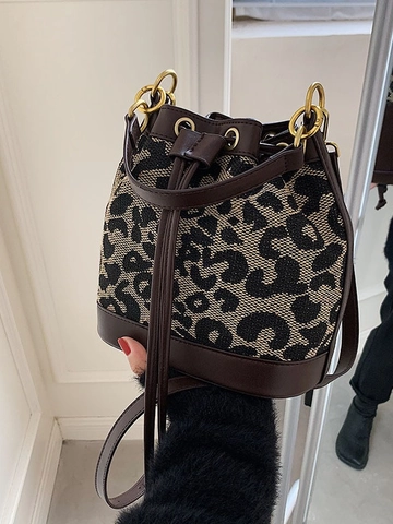 Vintage Leopard Hahnentritt Leinwand Leder Spleiß Eimer Tasche Damen Kordelzug Schulter Umhängetasche Handtasche Gold Ring