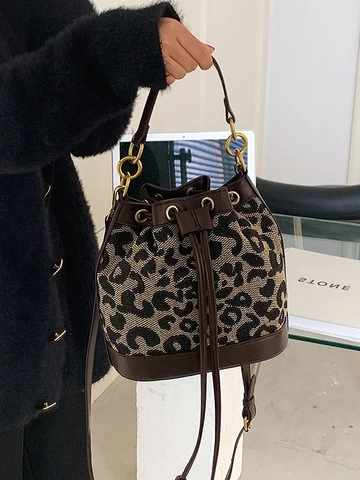 Vintage Leopard Hahnentritt Leinwand Leder Spleiß Eimer Tasche Damen Kordelzug Schulter Umhängetasche Handtasche Gold Ring