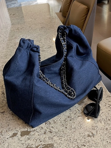 Dames Grote Capaciteit Denim Tote Bag Met Ketting Riem Geplooide Casual Canvas Schoudertas Voor College School Werk Blauw Zwart
