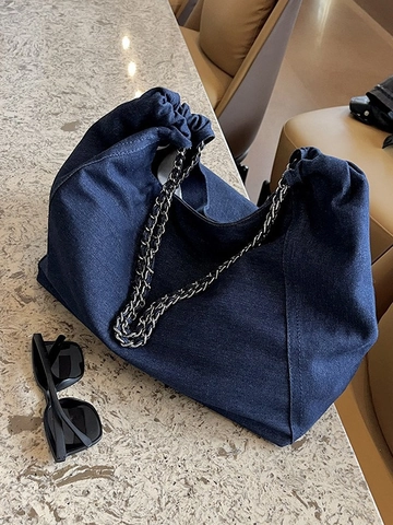 Dames Grote Capaciteit Denim Tote Bag Met Ketting Riem Geplooide Casual Canvas Schoudertas Voor College School Werk Blauw Zwart