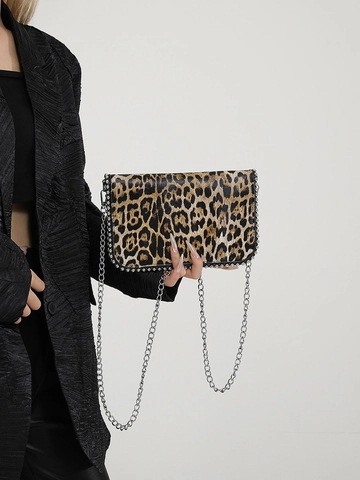 Borsa a Spalla Leopardata Con Tracolla a Catena Argento Decorazione Borchie Borsa a Tracolla in Pelle PU Quadrata Moda