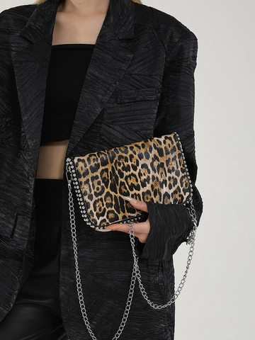 Borsa a Spalla Leopardata Con Tracolla a Catena Argento Decorazione Borchie Borsa a Tracolla in Pelle PU Quadrata Moda