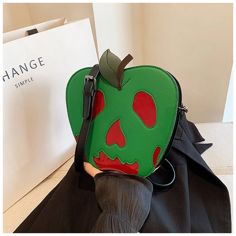 Umhängetasche In Apfelform PU Leder Totenkopf Muster Kontrastfarben Halloween Party Neuheit Schultertasche Für Damen
