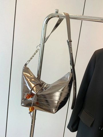 Bolso Hobo de PU Metálico para Mujer Patrón de Cocodrilo Bolso de Hombro Con Cadena Cordón de Cuentas de Ámbar Moda Y2K