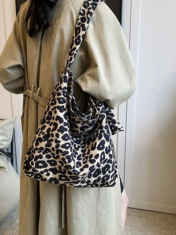 Mode Luipaardprint Grote Capaciteit Canvas Tote Bag Casual Geknoopte Band Schoudertas Minimalistisch Hobo Shoptas