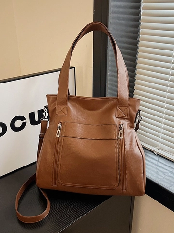 Bolso Tote de Cuero de PU de Gran Capacidad para Mujer Bolso de Hombro Casual Vintage de Color Sólido Con Correa Ajustable