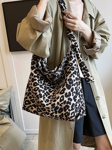 Mode Luipaardprint Grote Capaciteit Canvas Tote Bag Casual Geknoopte Band Schoudertas Minimalistisch Hobo Shoptas