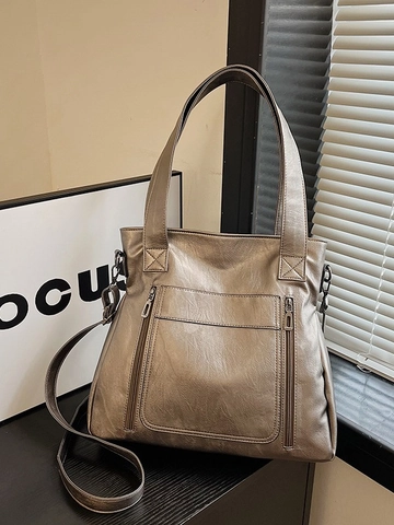 Bolso Tote de Cuero de PU de Gran Capacidad para Mujer Bolso de Hombro Casual Vintage de Color Sólido Con Correa Ajustable