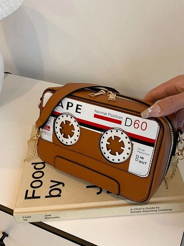 Women Retro Cassette Tape Shape Shoulder Bag PU Leather Gold Chain Crossbody Bag Funky Small Square Bag Daily Street Style