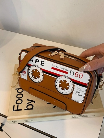 Women Retro Cassette Tape Shape Shoulder Bag PU Leather Gold Chain Crossbody Bag Funky Small Square Bag Daily Street Style