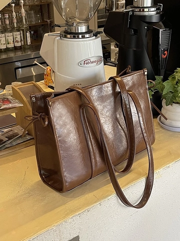 Damen Vintage Glänzende PU Leder Tote Bag Große Kapazität Quadratische Umhängetasche Schleife Minimalistische Pendler Handtasche