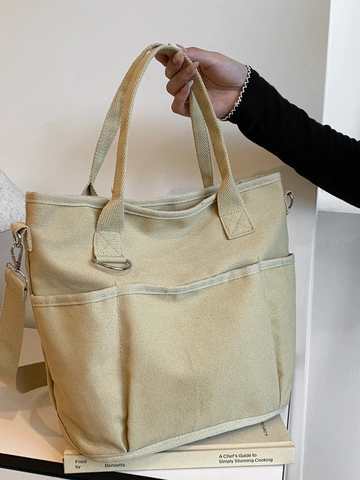 Women Casual Canvas Tote Bag Large Capacity Multi Pocket Shoulder Crossbody Bag For Commuting Travel School Handbag