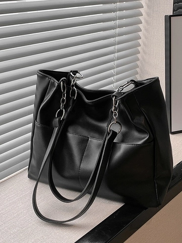 Minimalist Women PU Leather Tote Bag Large Capacity Commute Shoulder Bag With Silver Chain Straps Front Pockets Handbag