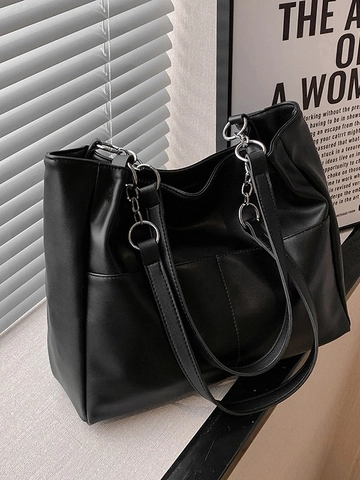 Minimalist Women PU Leather Tote Bag Large Capacity Commute Shoulder Bag With Silver Chain Straps Front Pockets Handbag