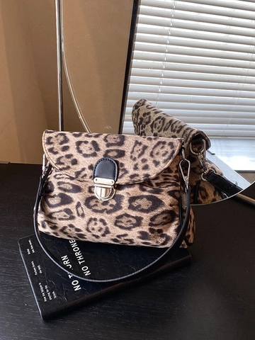 Vintage Leopard Print Small Square Bag For Women PU Leather Flocking Shoulder Bag With Metal Buckle Fashion Handbag